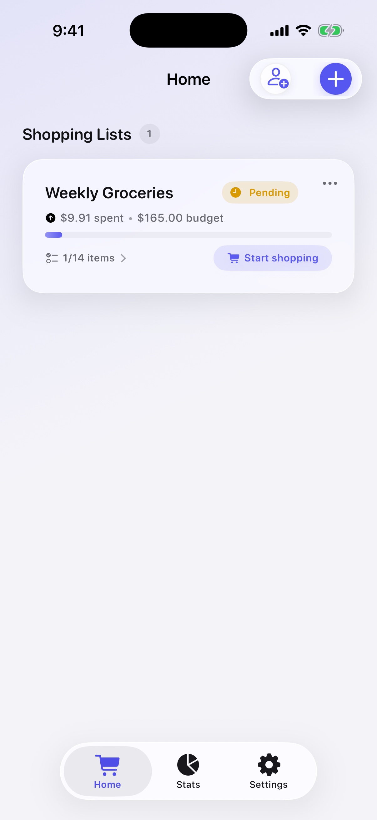 ShopBud Home showing a Weekly Groceries list with its spending, budget, and progress