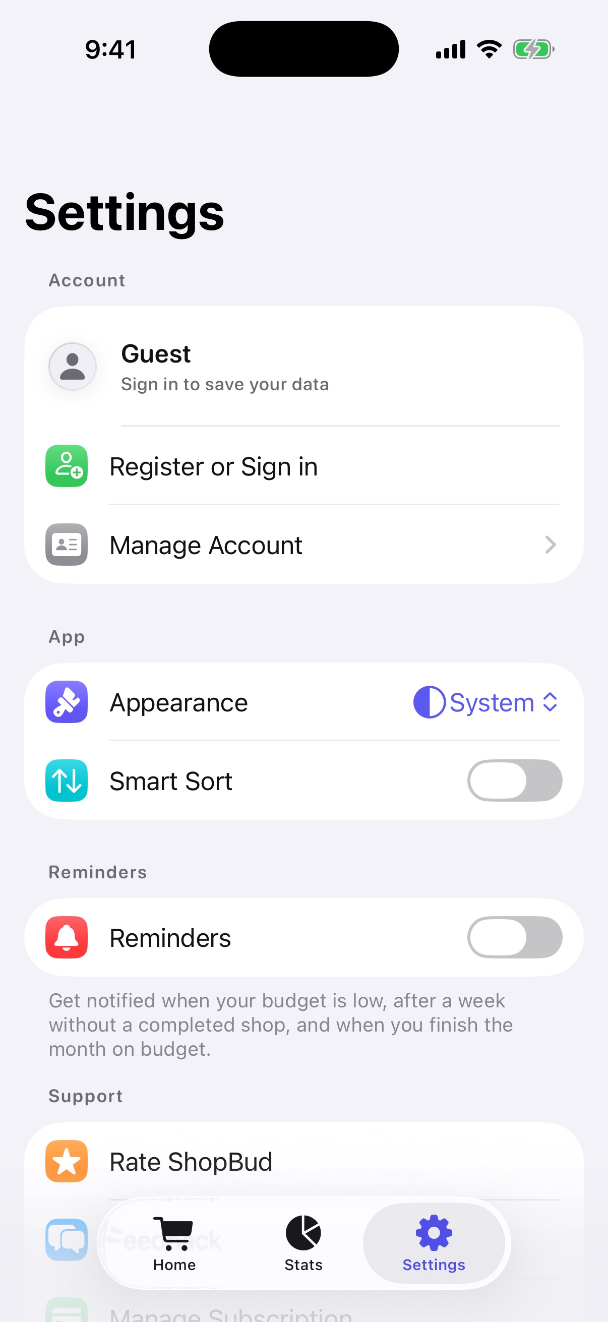 ShopBud Premium Settings showing account, appearance, Smart Sort, and reminder controls